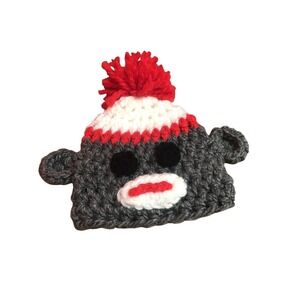 Hand Crocheted Sock Monkey Winter Hat Red Grey‎